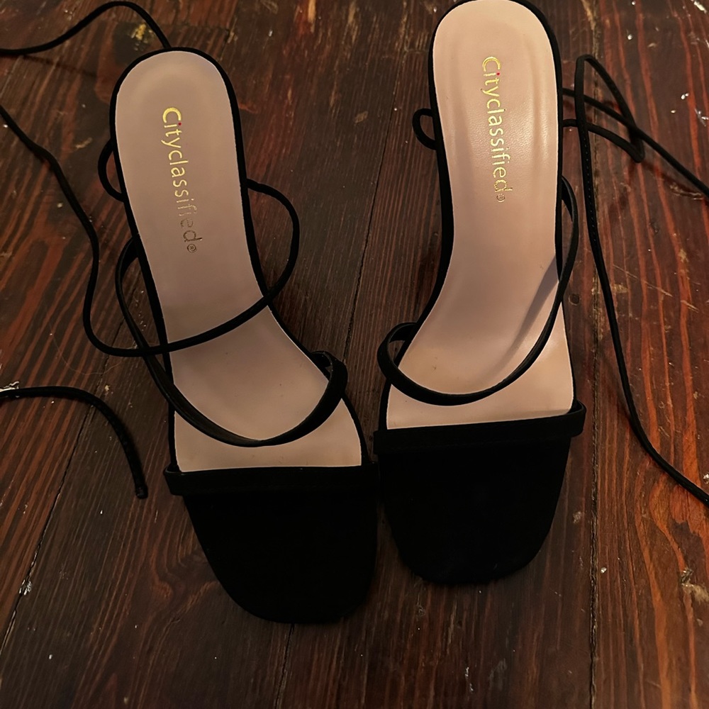 Black suede stiletto, wraps up leg & ties